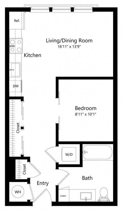 Floor plan for studio, 1 bath, 579 sqft